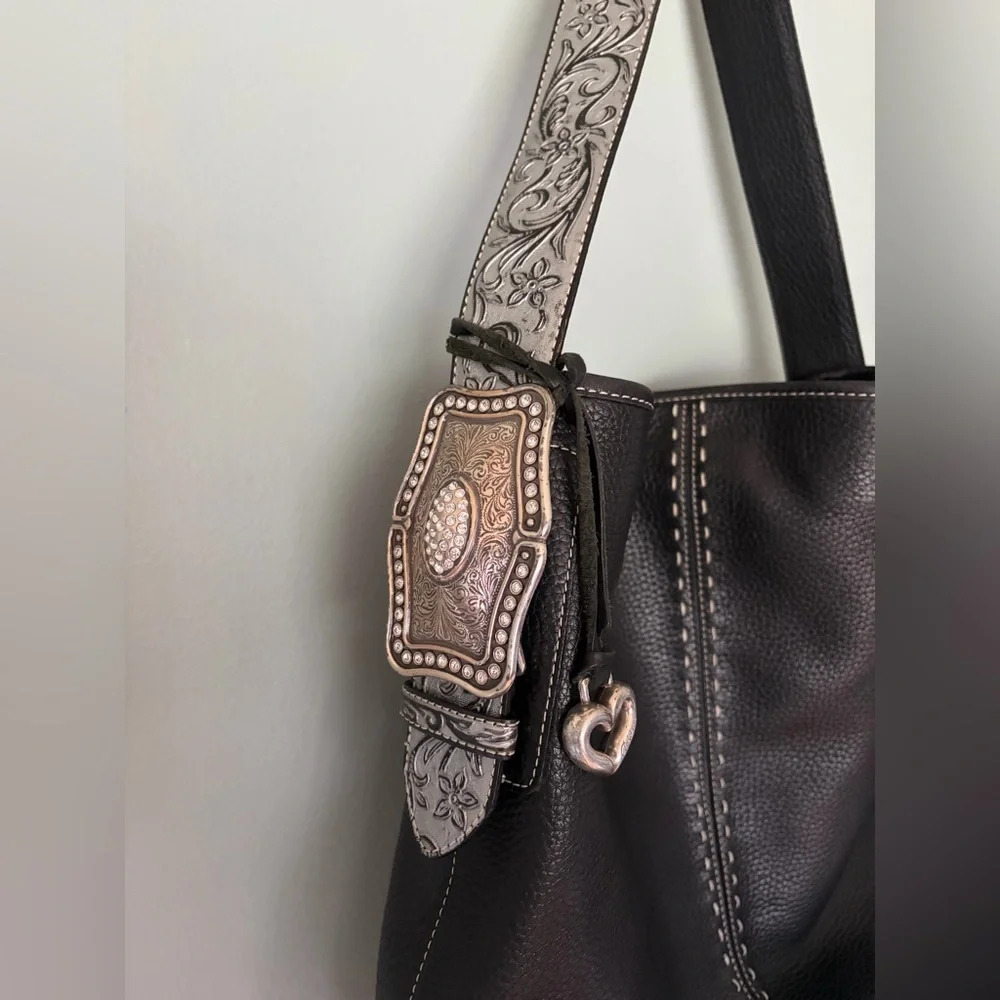 Brighton Black Concho Leather Women’s Shoulder Bag with Decorative Silver Strap